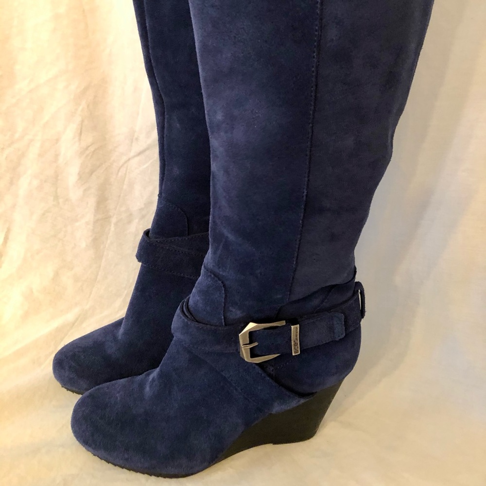 Royal blue suede wedge knee high boots